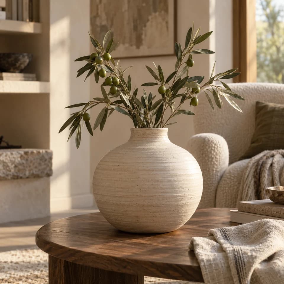 A hand-thrown ivory ceramic vase with olive branches on a walnut table in a warm, sunlit home.