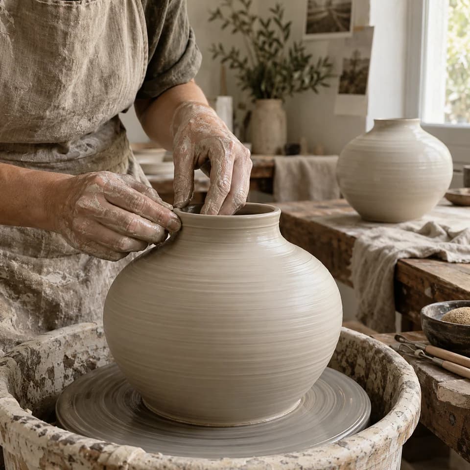 A ceramicist shapes a vase by hand at the pottery wheel, with a finished ivory piece nearby.